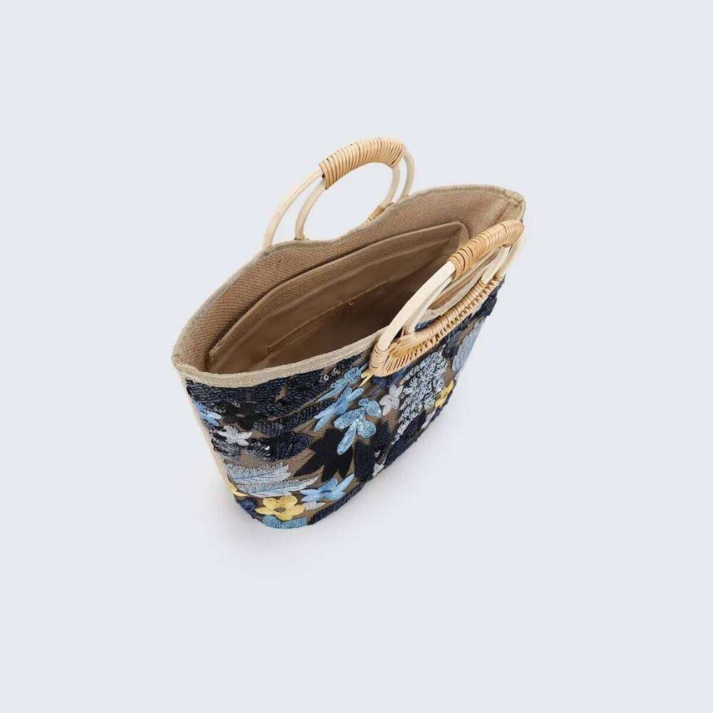 Flower Sequins Handbag Round Rattan Handle Beach Bags for Women Large Embroidery Basket Bag Travel Shopper Tote