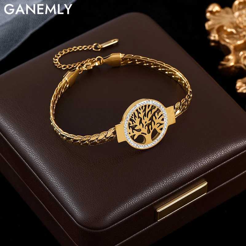 GANEMLY 316L Stainless Steel Tree of Life Bracelet for Women Fashion 18K Gold Plated Wrist Chain Waterproof Jewelry Lady Gift W250526