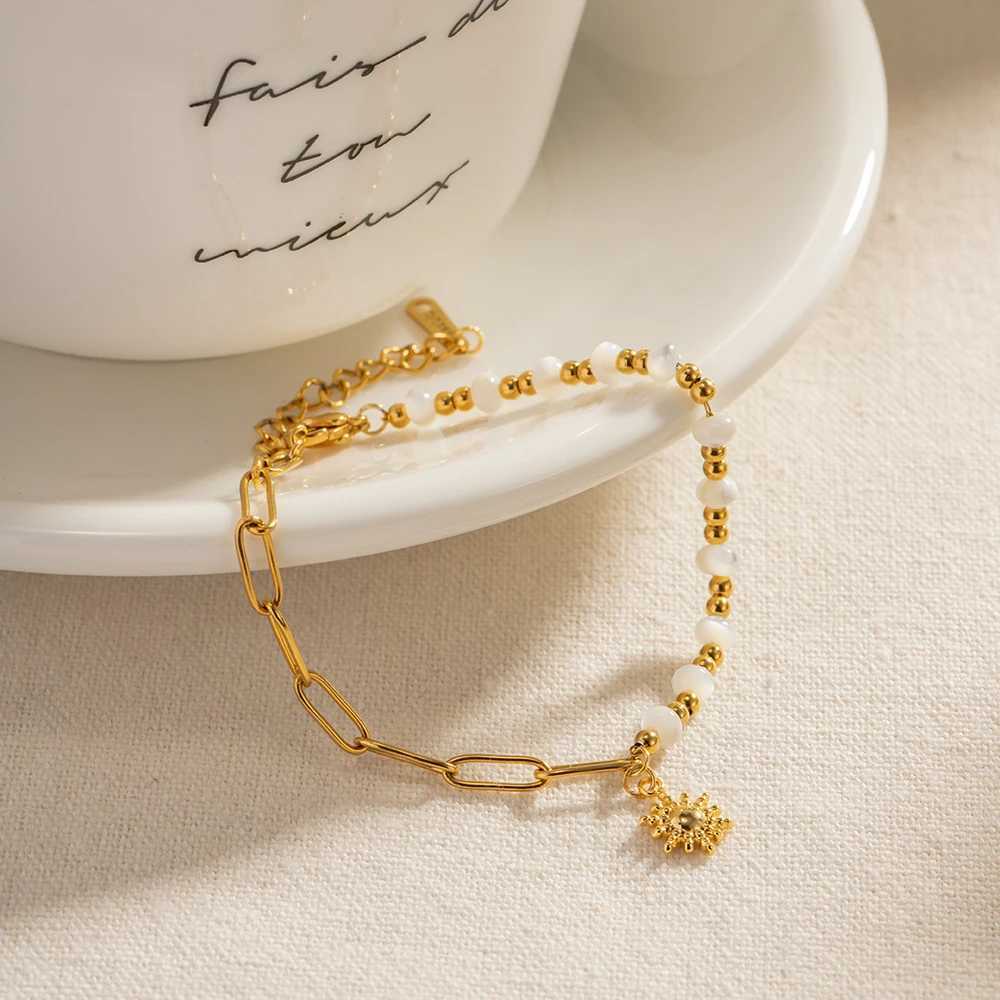Simple Trendy Stainless Steel Sun Pendant Bracelet For Women Paperclip Chain Stitching Beads Waterproof Jewelry Vacation Gift W250526