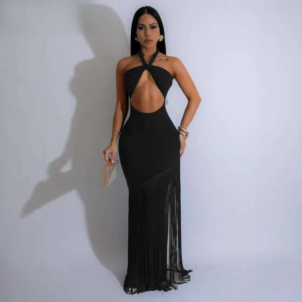 Women Halter Off Shoulder Tassel Sleeveless Long Dress Summer Street Beach Evening Sexy Night Party Dresses Vestidos