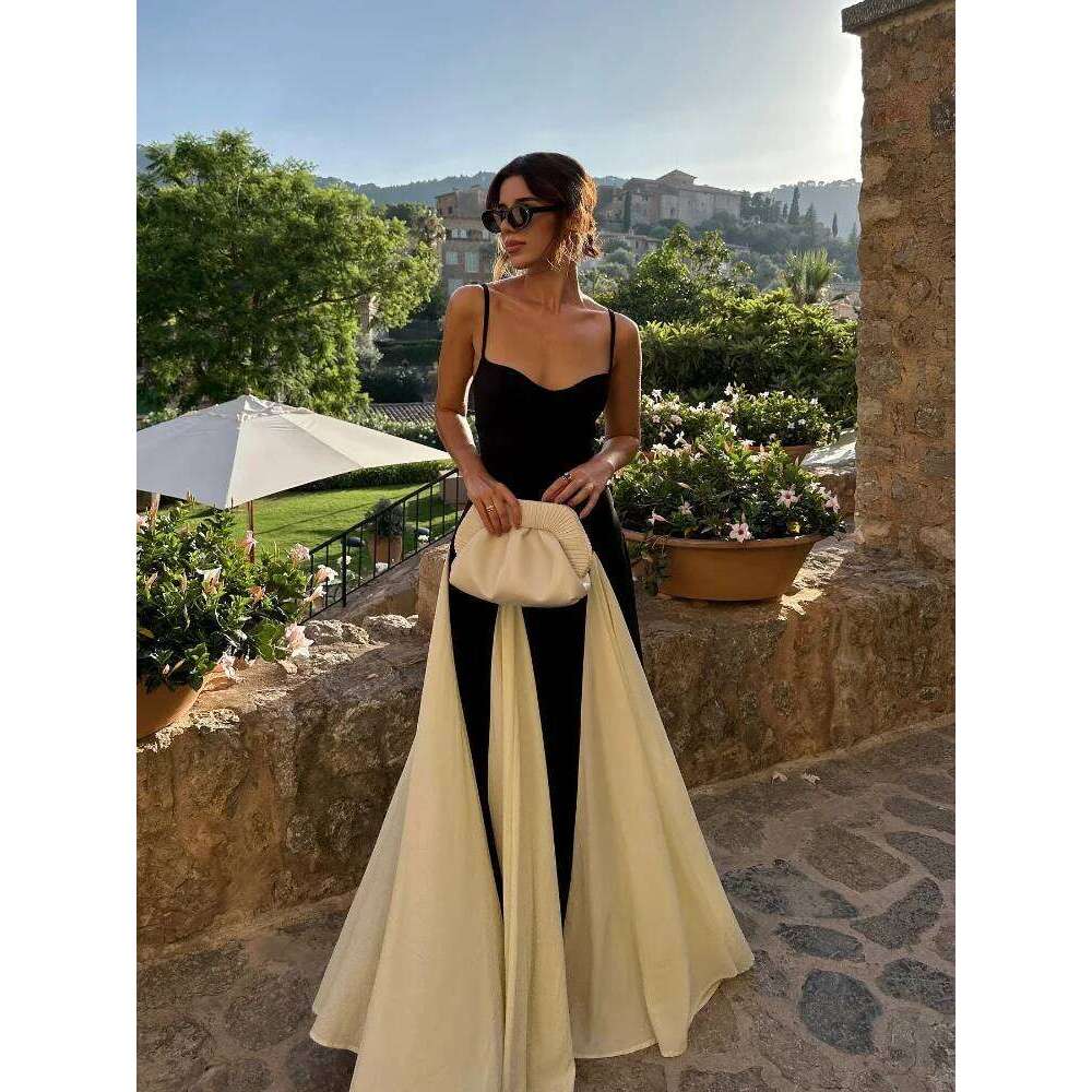 Fashion Contrast Women's V-neck Sling Long Dress For Women Elegant Pleated Backless Sleveless Maxi Dresses Lady Evening Vestidos