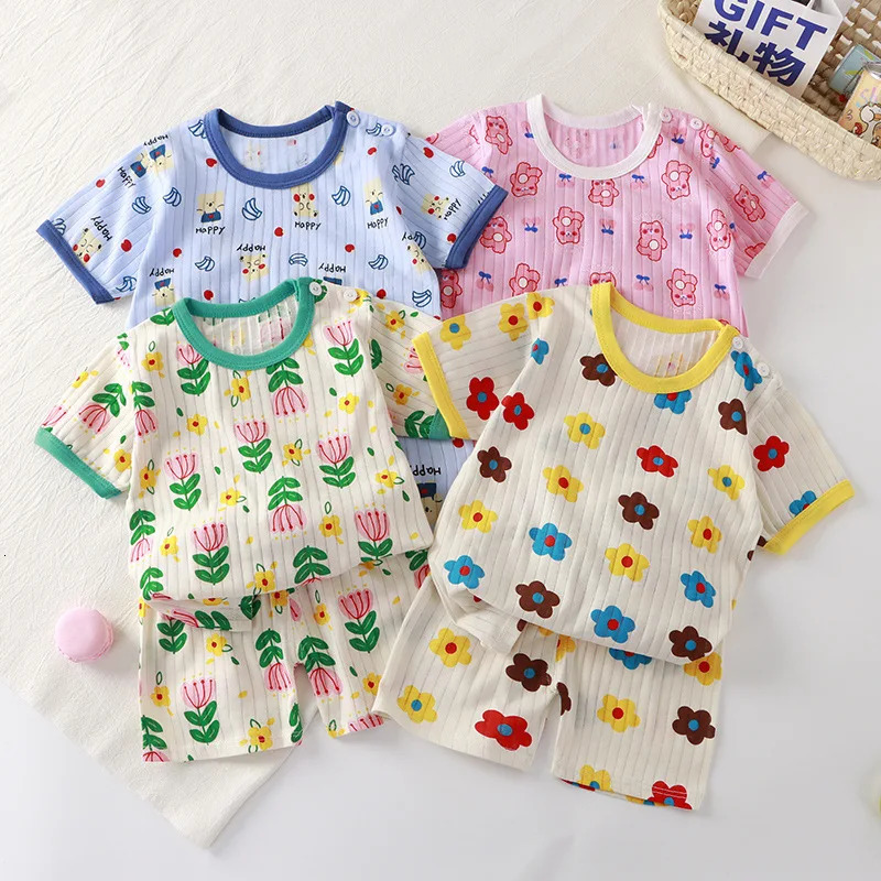 Kids Boys Girls Summer Clothing Sets Children Cute Cartoon Print Short Sleeve TShirt Tops with Shorts Toddler Baby Pajamas 250527