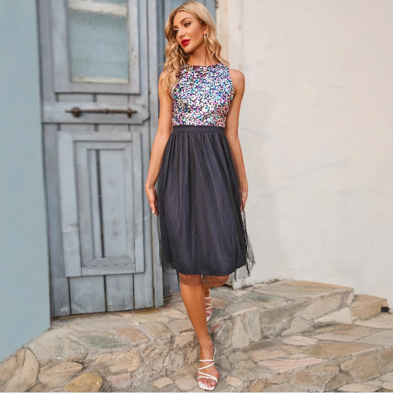 Elegant sequined lace sleeveless short skirt for summer new womens clothing sleeveless