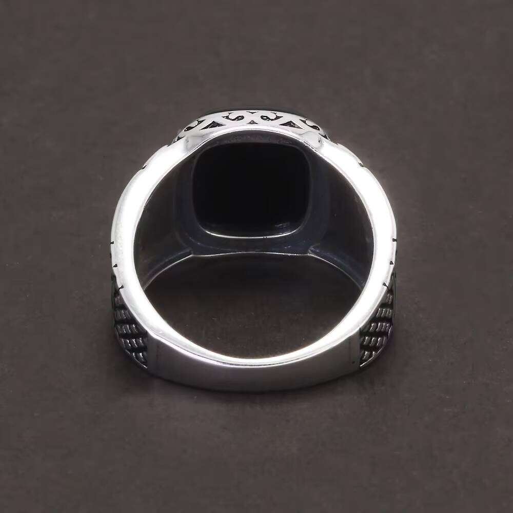 Sterling Sier Black Onyx Stone Signet Ring for Men Vintage Retro Pattern Turkish Pinky Rings Punk Rock Trendy Jewelry