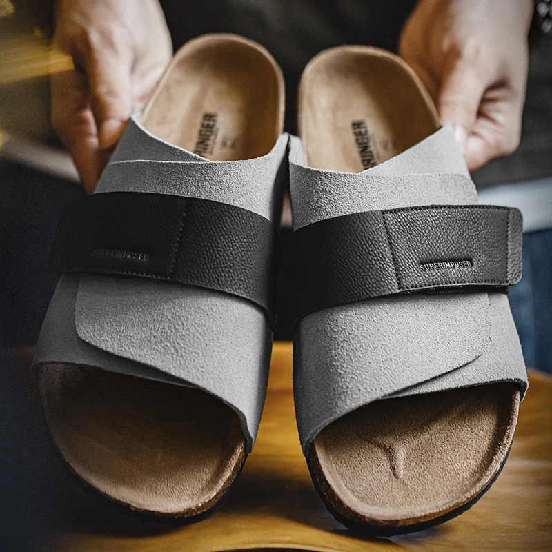 Maden Casual Color-Block Mules Mens Summer Cork Sole Slide-On Sandals with Hook and Loop Closure Breathable Outdoor Shoes 250526