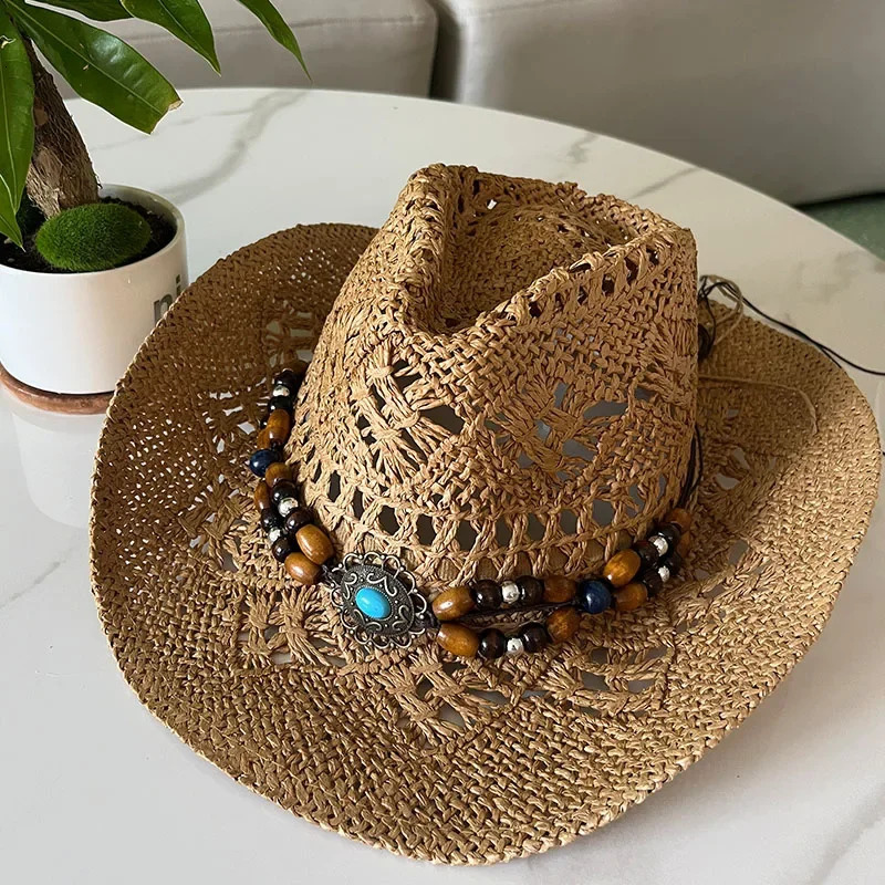 Vintage Summer Beach Bohemian Straw Hat Shell Women Men Western Cowboy Hats Wooden Beads Hollow Out Sun Hat Holiday Cap 250526