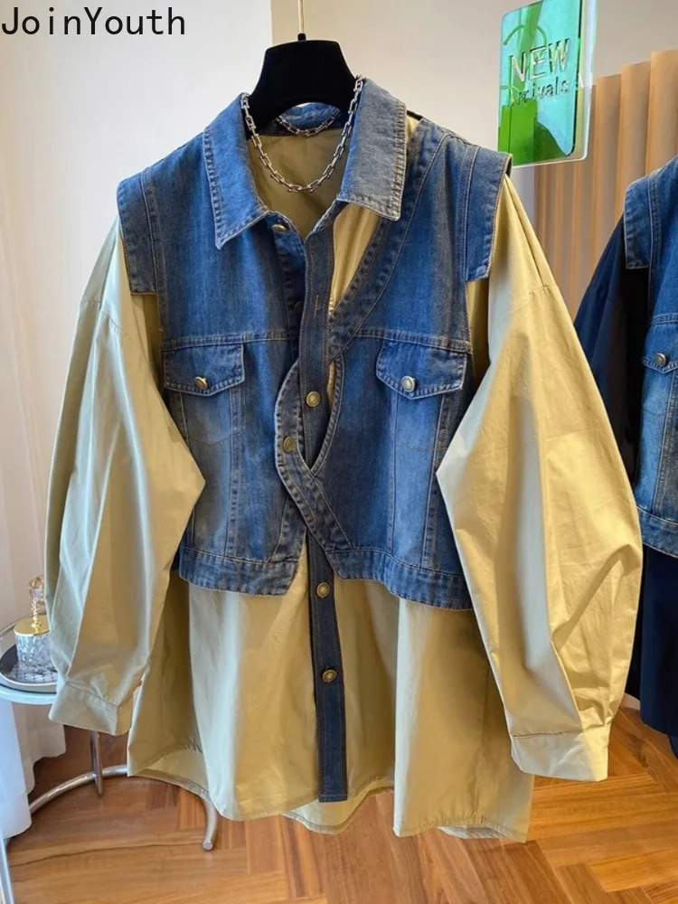 Fashion Blouse for Women Patchwork Denim Fake Two Shirts 2025 Blusas Mujer De Moda Casual Fashion Korean Oversized Y2k Tops 250523