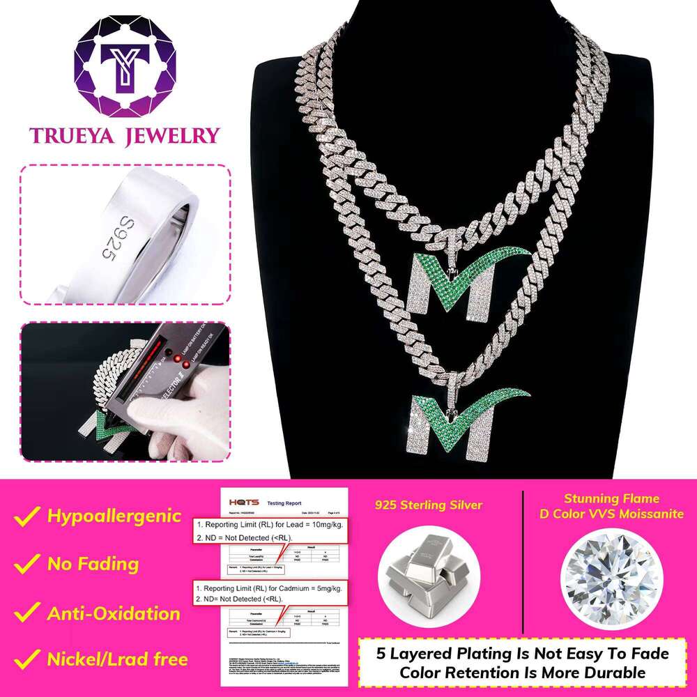 Custom Jewelry Sterling Sier Big Iced Out Dia Moissanite Hip Hop Name Letter M Pendant With Cuban Chain Necklace