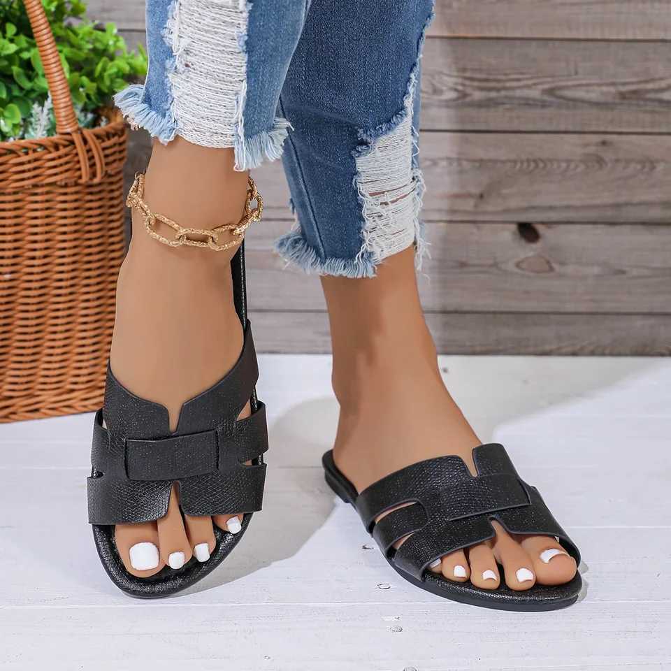 Womens Black Flat Slippers Open Heel Sandals Casual Beach Shoes Indoor Outdoor Wear Comfortable Slip-On FootwearXJ250527