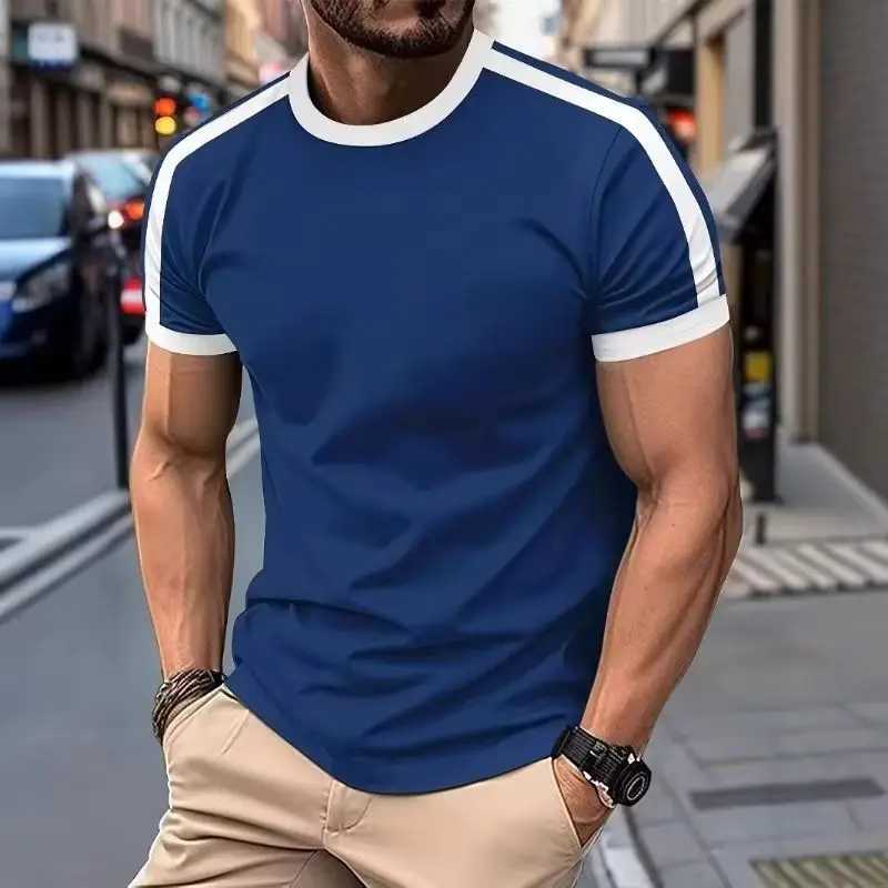 New Summer Elastic Casual Short-Sleeved Mens Daily Party Home Social Color Matching T-Shirt Solid Color Vintage Streetwear Top Z250527