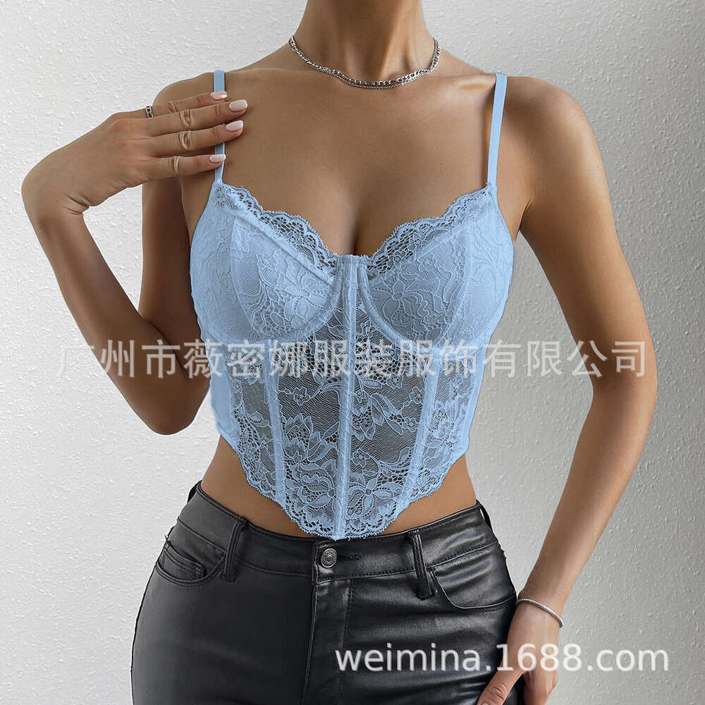 Sexy Lace Underwire Diamond Fishbone Crop Top See-through Hot Girl Slim Fit Vest for Women 10714