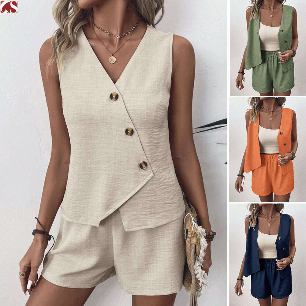 2025 Summer Outfit Fashion Casual V-neck Irregular Tank Top and Shorts Set