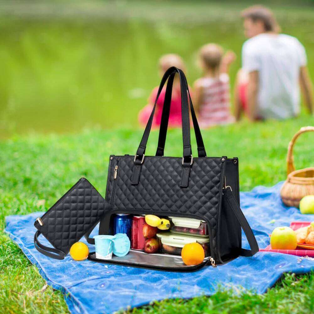 Women Lunch Tote Multi-Function Laptop Bag Multi-Compartment Quilted Handbag With Purse Large Capacity For Food Fruits