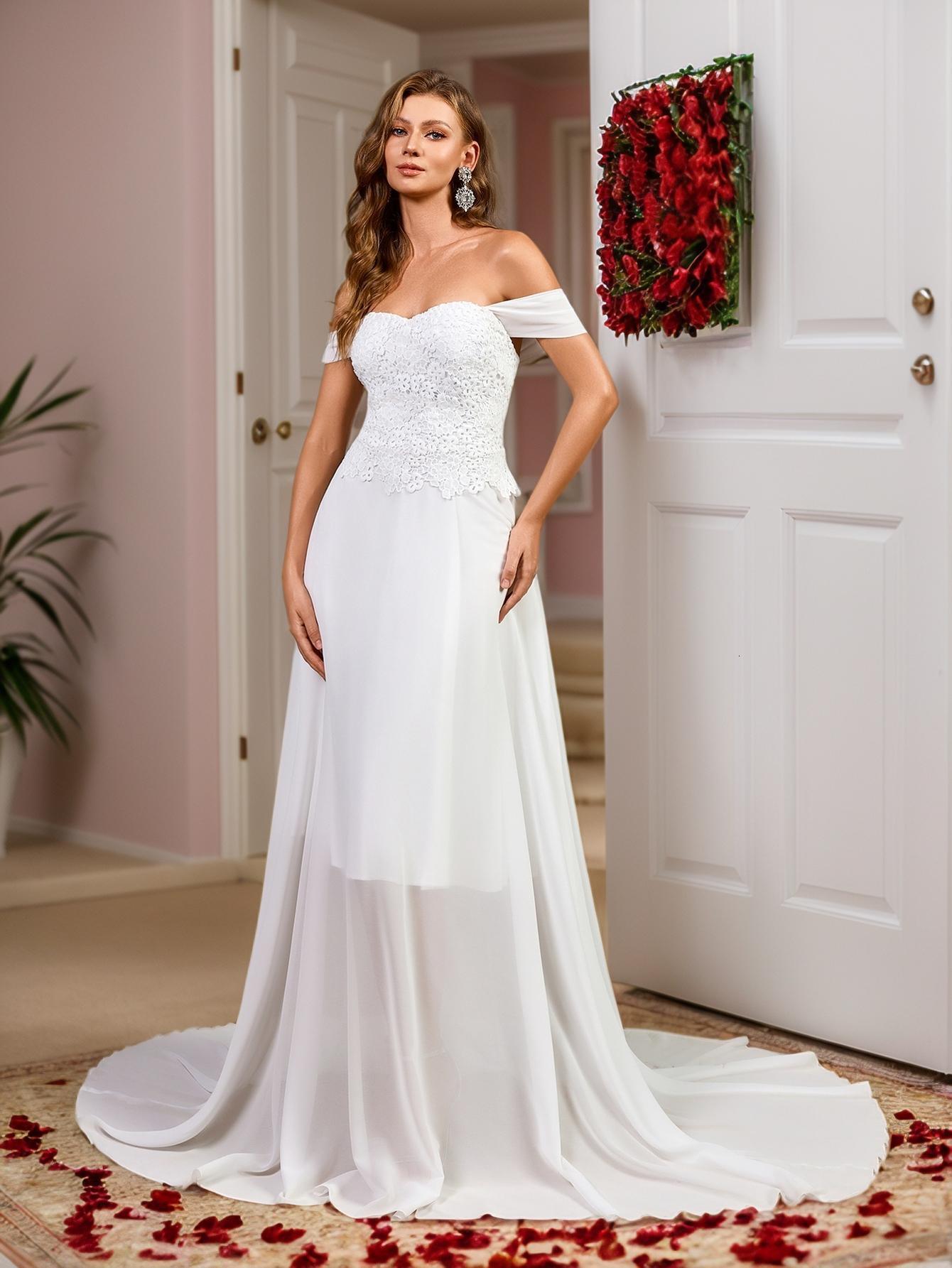 2025 Summer New Dress Shoulder Lace Chiffon Splicing Wedding Dress