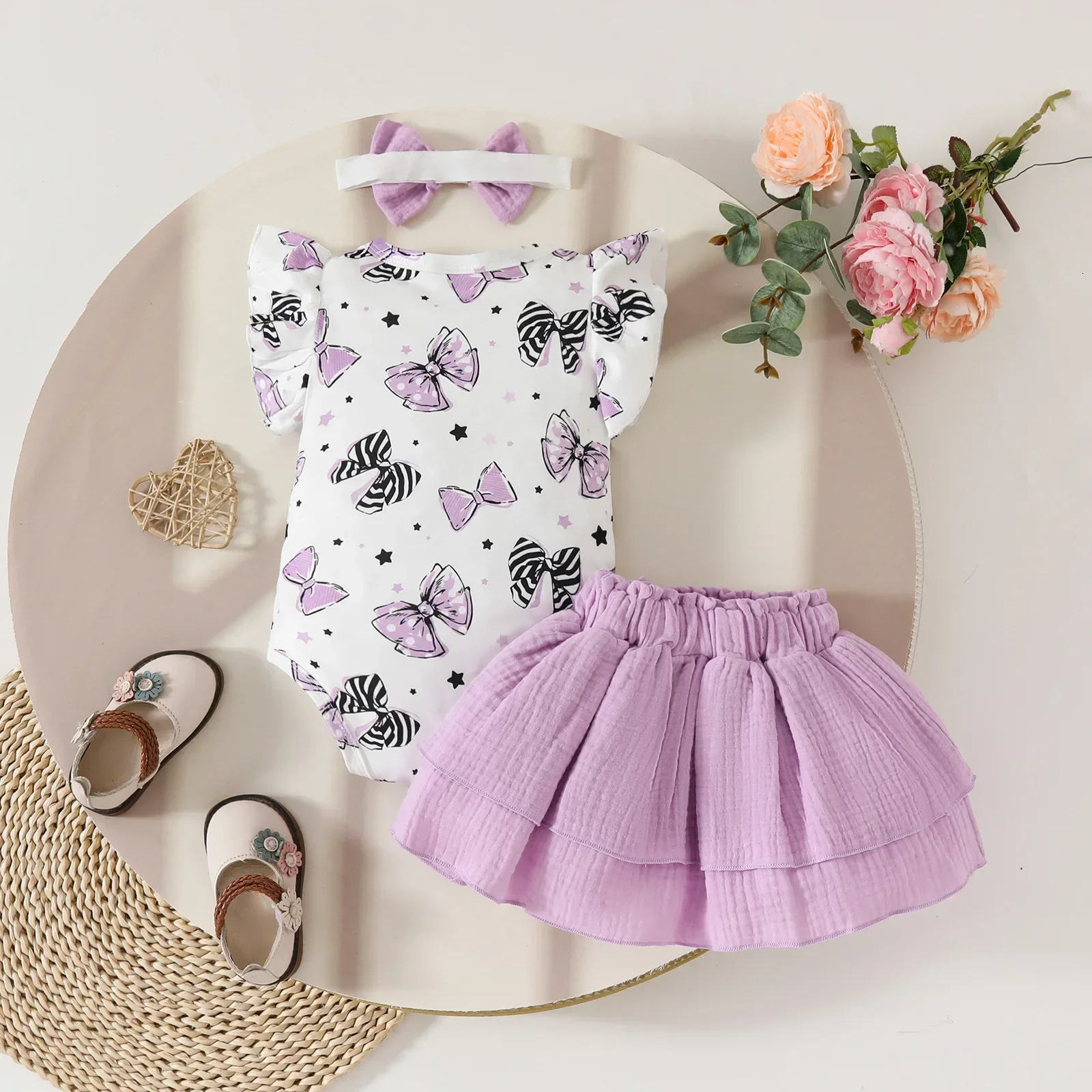 Sweet Purple Girls Childrens Set 0 2 Y Baby Girl Outfit Sleeveless Romper and Ruffled Skirt with Bow Print Headband 250527
