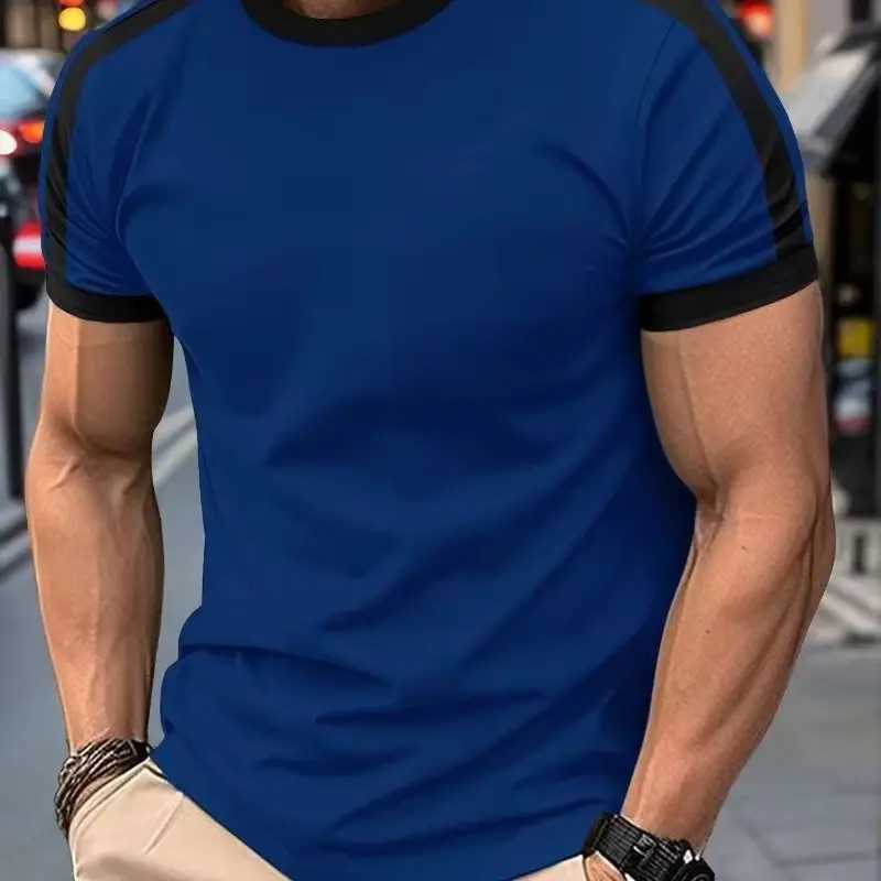 New Summer Elastic Casual Short-Sleeved Mens Daily Party Home Social Color Matching T-Shirt Solid Color Vintage Streetwear Top Z250527