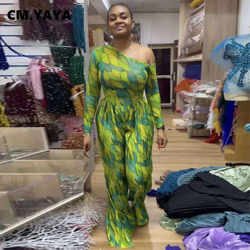 2025 Fashion Women's Set Long Sleeve Skew Neck Tops And Pleated Wide Leg Pants Suit Two 2 Piece Sets Street Outfits