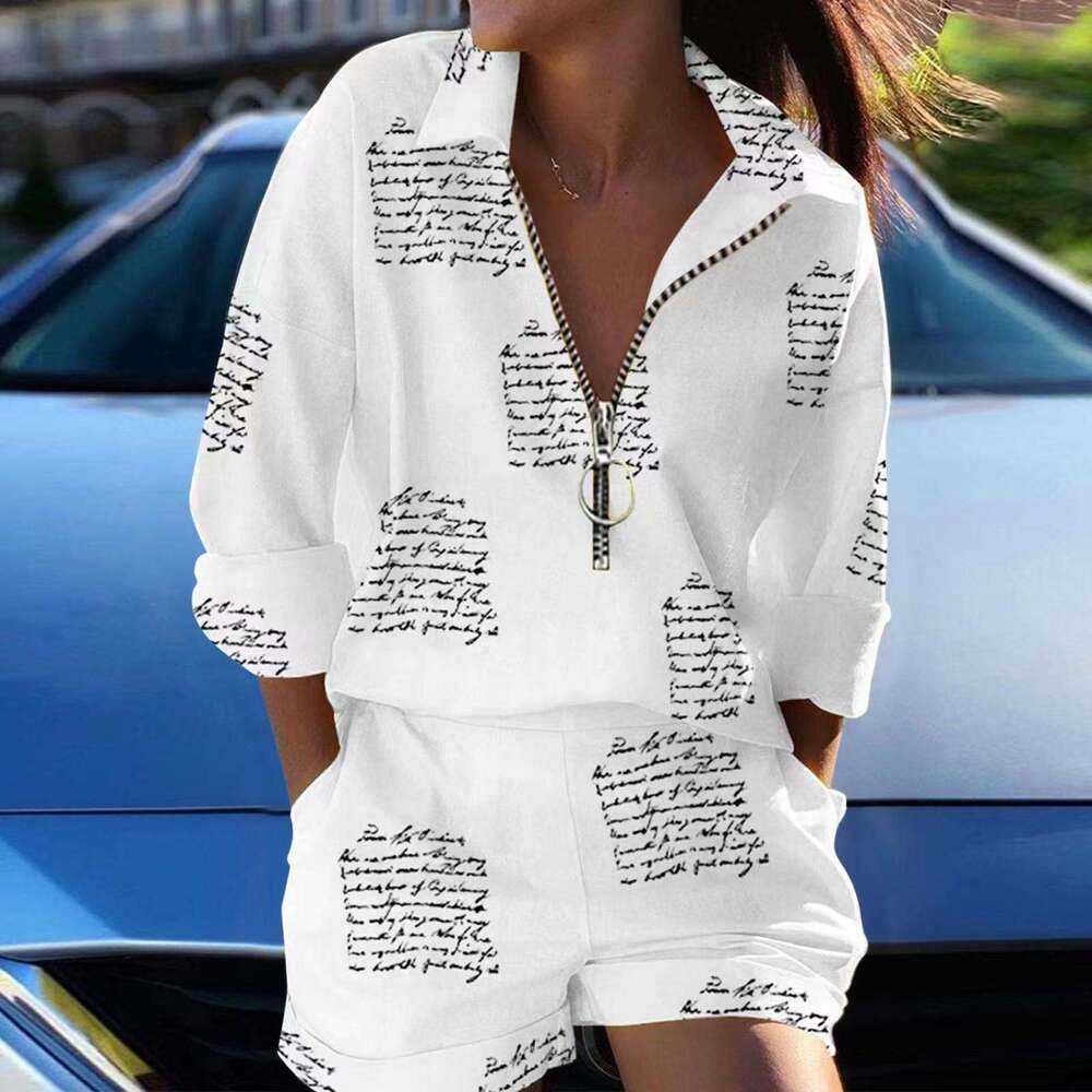 2025 Summer New Women's Long Sleeve Printed Zipper Top and Shorts Two-Piece Set