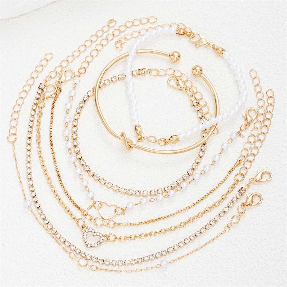 8Pcs Set Pearl Zircon Bracelet Gold Color Multilayer Interlocking Hearts Barefoot Ankle Bracelet On Leg Jewelry Accessories W250526