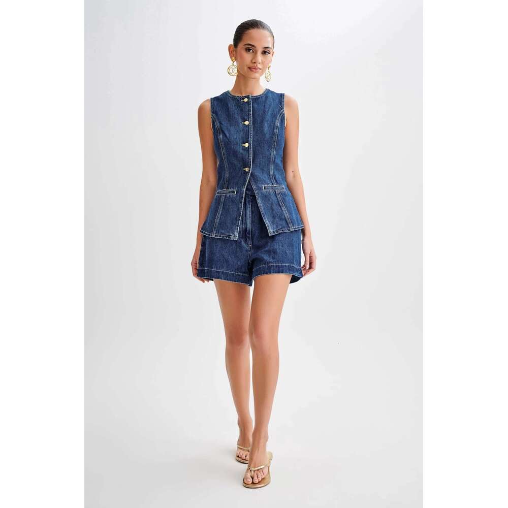 2025 Spring/Summer Fashion Casual Sleeveless High-Waisted Denim Set Women's Wear