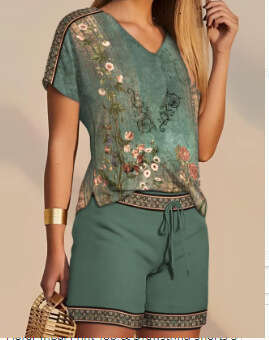 2025 Summer Women's Casual Fashion Printed Comfortable V-neck Top + Shorts Two-piece Set