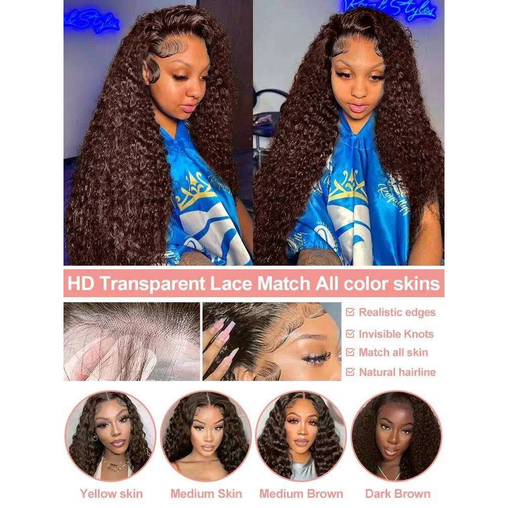 220 Density Chocolate Brown Deep Wave Front Human Hair 38Inch Color Hd Lace Frontal Wig For Women 13x6 Water Curly Wigs