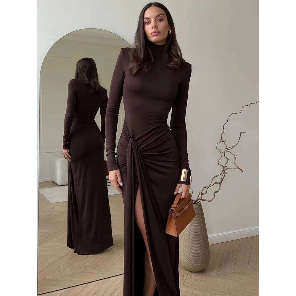 Hot Tight Dresses Mozision Turtleneck Thigh High Split Sexy Maxi For Women Fashion Sleeve Draped Bandage Bodycon Club Long Dress Casual Knee Length Dr