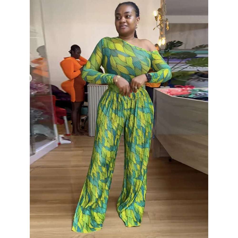 2025 Fashion Women's Set Long Sleeve Skew Neck Tops And Pleated Wide Leg Pants Suit Two 2 Piece Sets Street Outfits