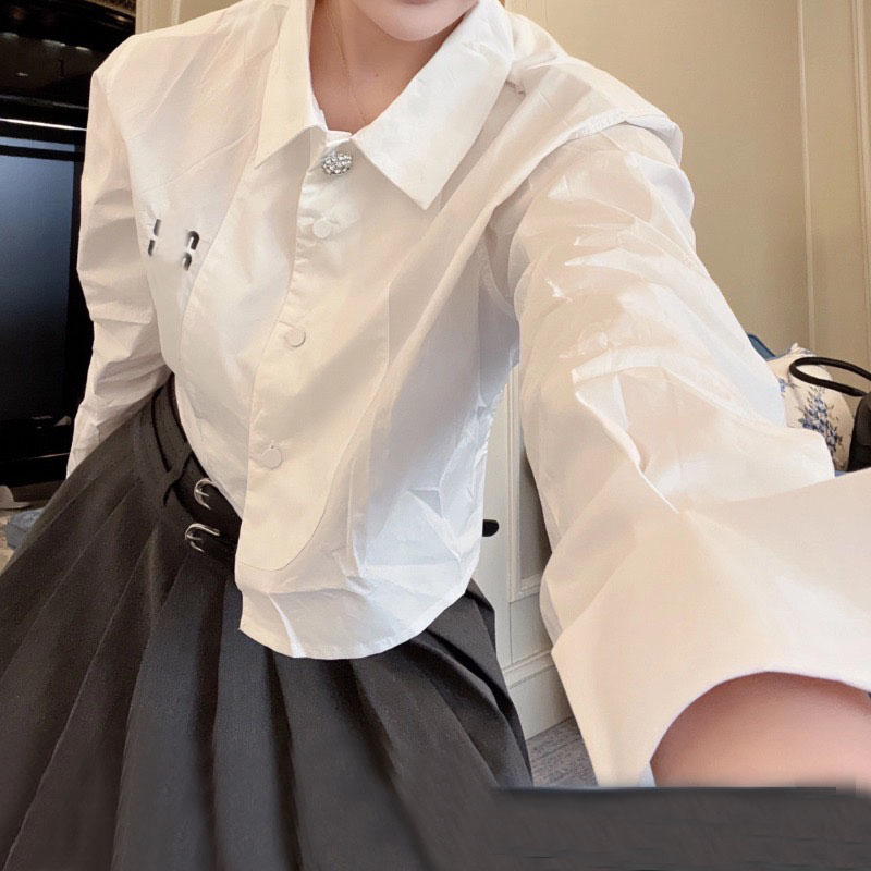 Cropped Shirts Women Rhinestone Button Down Blouses Designer Long Sleeve White Tops Elegant Casual Letters Embroidered Shirt gift