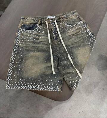 American Fashion Brand Ins Rhinestone Jeans High Street Men And Women Trendy Retro Water Washing Casual Straight Shorts