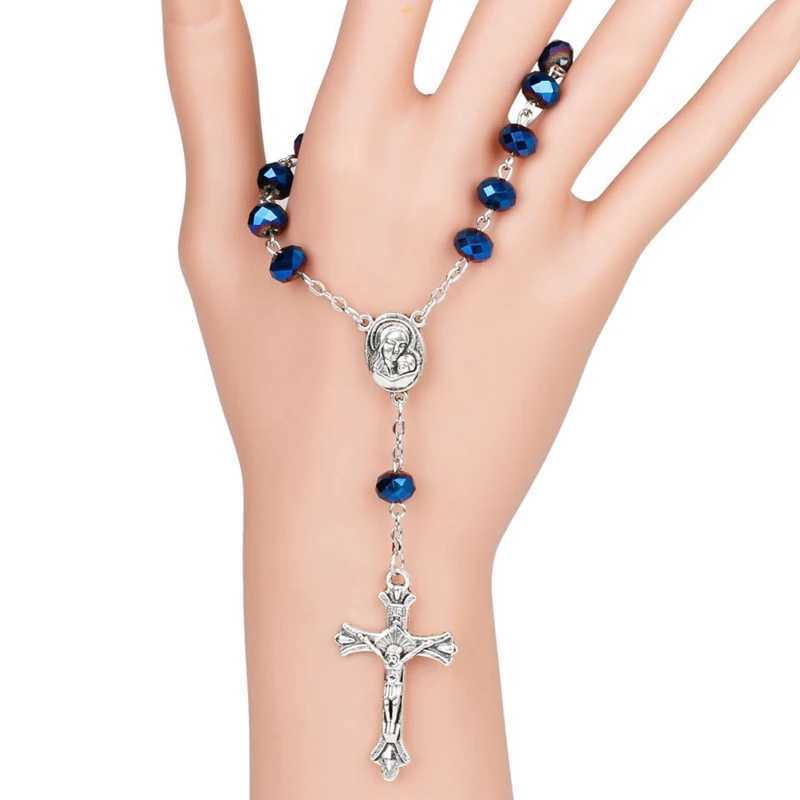 QIGO Blue Crystal Rosary Bracelet Cross Women Catholic Jewelry Gifts W250526
