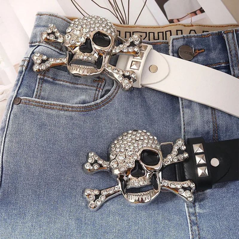 American Hip Hop Skeleton Belt Womens Wide Belt Y2K Belt Punk Style Willow Nail Black Versatile INS Casual Belt Belt 250520