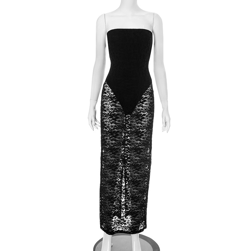 Women Bodysuits Lining Lace Long Dress 2025 New Sexy Strapless Backless Bodycon Party Clubwear Robe Summer Vacation Outfits