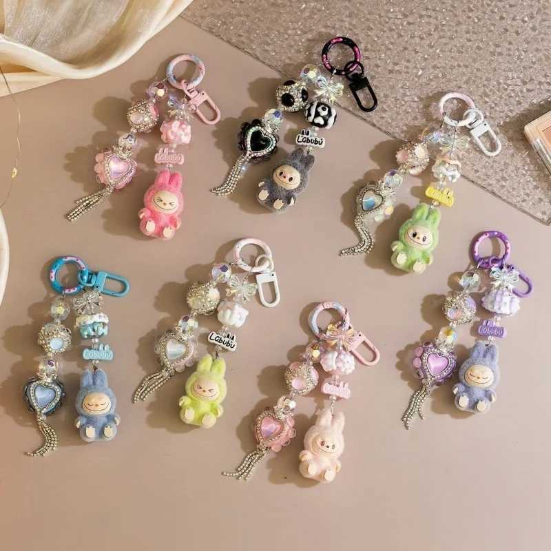 Cute Labubu Keychain Doll Couple Keyring Kawaii Cartoon Bowknot Phone Chain Bag Heart Pendant Charm Backpack Decoration Gift W250526