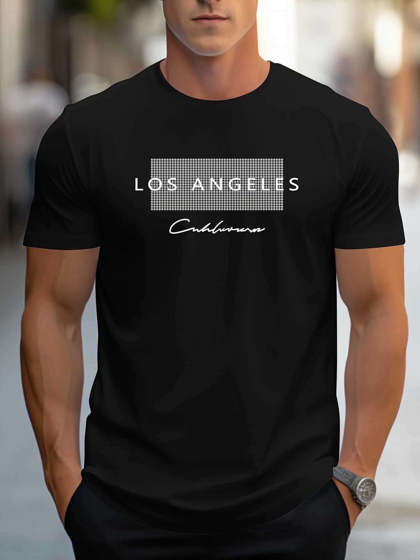Mens 100% cotton summer loose fit large Los Angeles Graphic printed slim fit casual sports round neck short sleeved T-shirt top Z250527