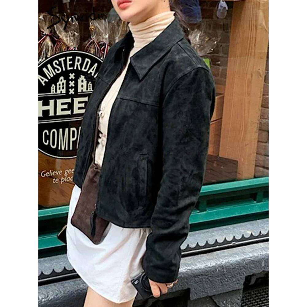 Syiwidii Jackets For Women Turn-Down Collar Casual Spliced Coat Autumn 2024 New Fashion Long Sleece Zipper Female Loose Jacket