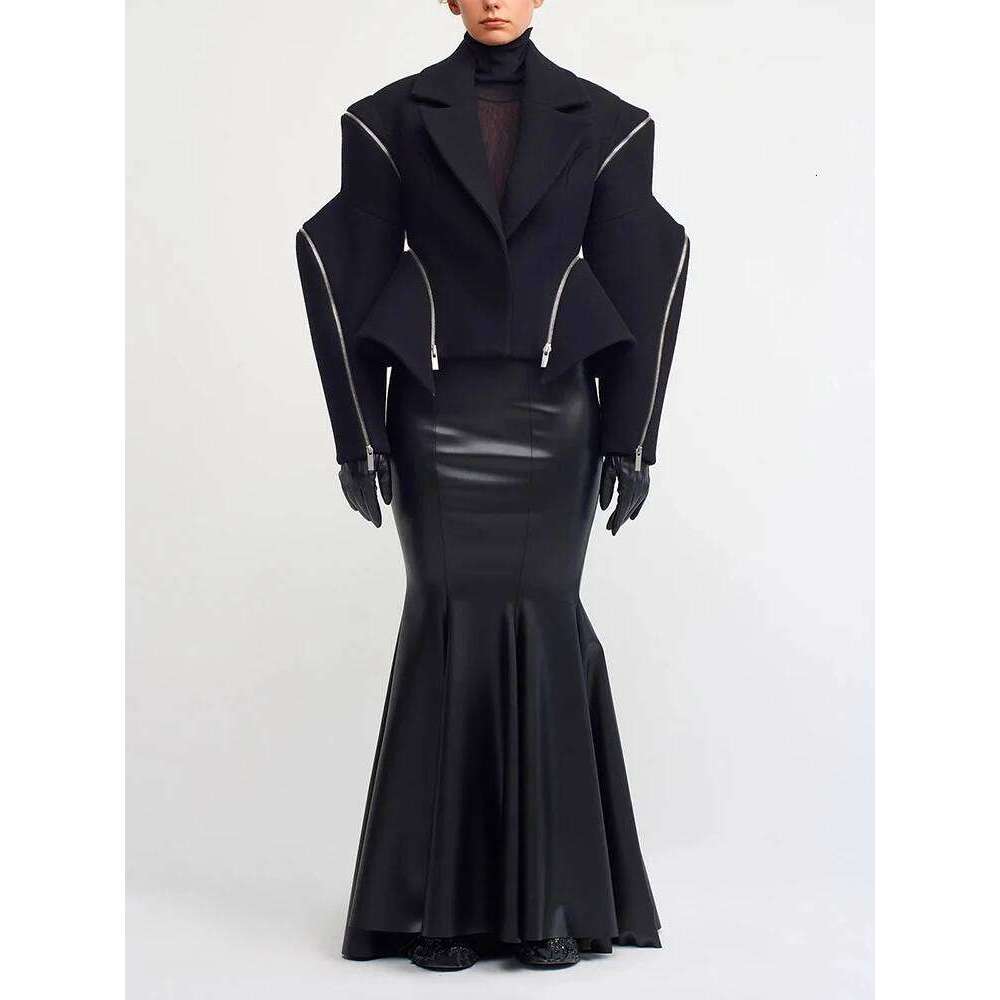 TWOTWINSTYLE Solid Patchwork Zipper Casual Jackets For Women V Neck Long Sleeve Spliced Button Temperament Coat Female Fashion