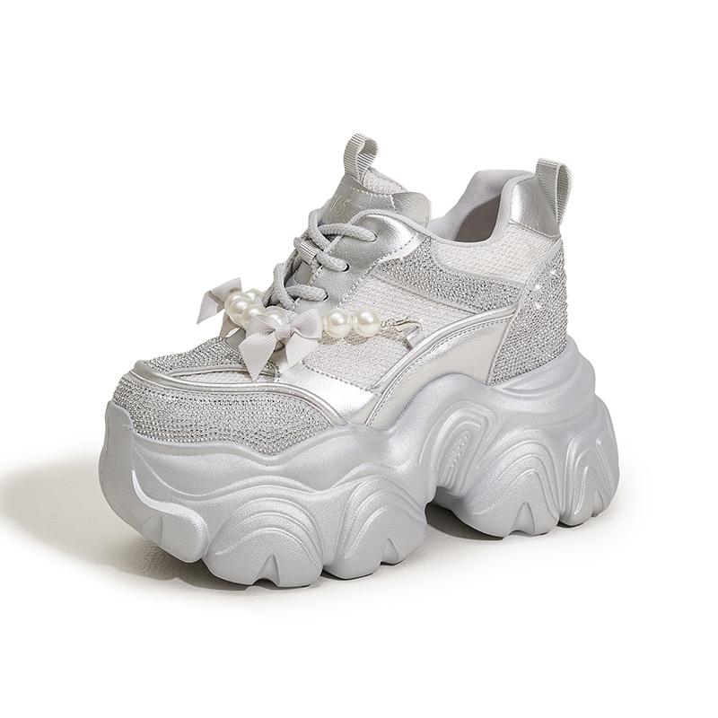 Designer Thick-Soled Insole Height-Increasing Dad Shoes for Women, New Spring Water Diamond Breathable Single Shoes Versatile and Casual Shoes for Sma