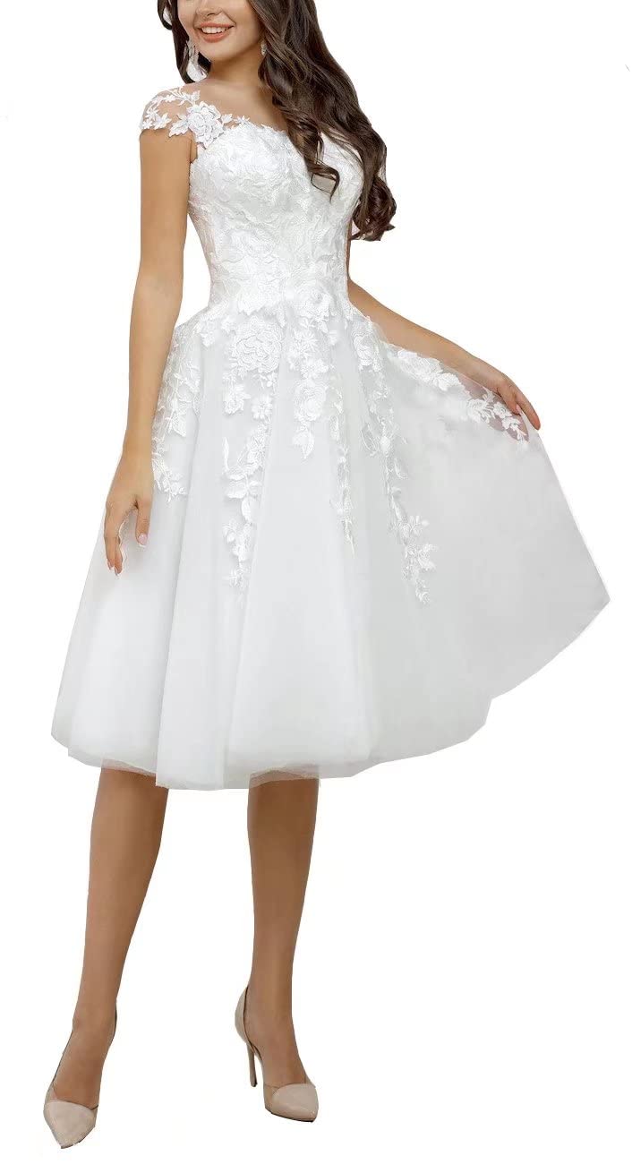 A Line Wedding Dresses White Ivory Tea Length Lace Applique Lace Bridal Gowns Dress Women
