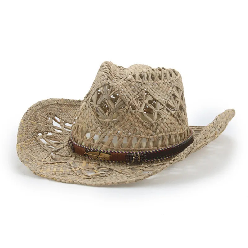 Spring Summer Hand-Knitted Rolled Brim Cowboy Straw Hat Western Beach Sun Hats Party Cap Hollow Ethnic Style Jazz Hat Sombrero 250526