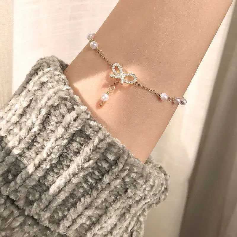 Sweet Imitation Pearl Link Chain Bracelet For Women Girl Elegant Charm Crystal Bowknot Bow Jewelry Female Party Gifts W250526