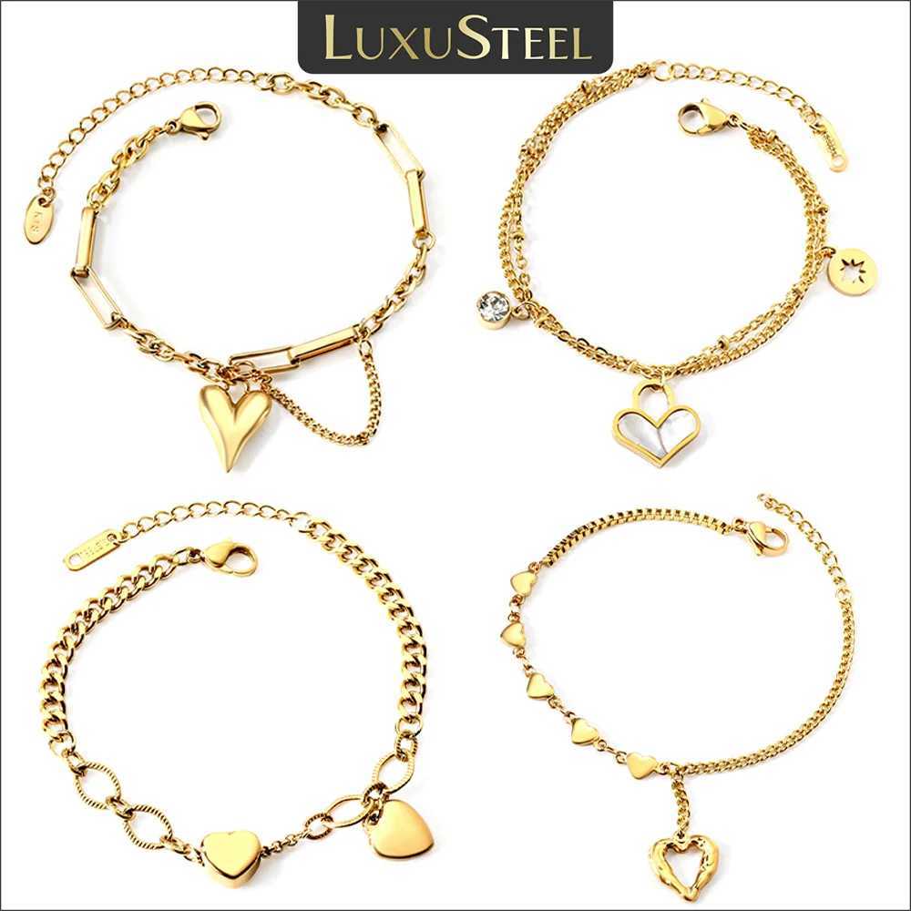 LUXUSTEEL Trendy Stainless Steel Heart Double Layered Bracelet For Women Girls Golden Plated Metal Charm Bangle Korean Jewelry W250526