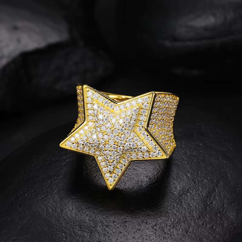 Lifeng Jewelry 925 Sterling Silver Moissanite Ring Gold Plated Star Ring Full Diamond Hip Hop Ring