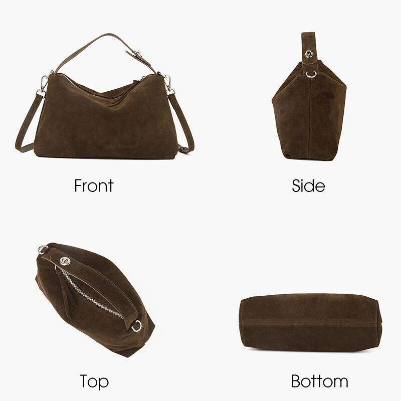 Donna-in Genuine Suede Handbag for Women Real Cowhide Tote Bag With Removable Shoulder Strap Brown Large Capacity