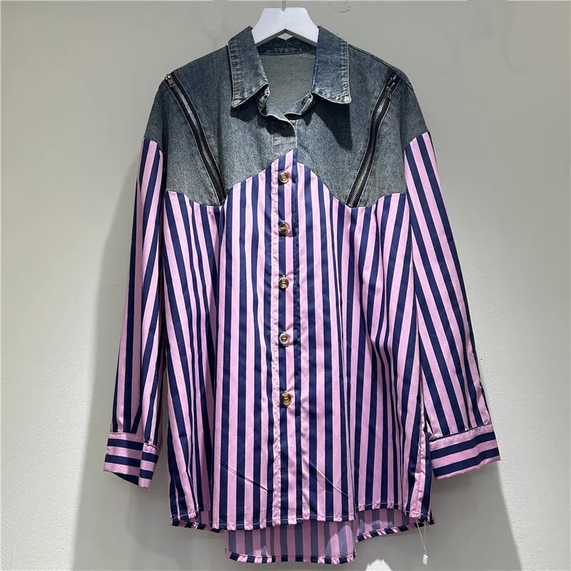 WTHT Womens Patchwork Denim Striped Shirt Winter Trendy Double Zipper n Long Sleeves Blouse Female 1LS638 250523