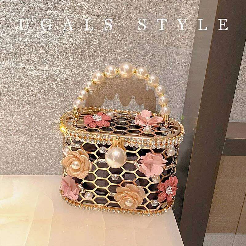Hollowout Pearl Beaded Metallic Cage Women Handbag Rhinestone Dia Evening Wedding Party Clutch Purse Shoulder Bag