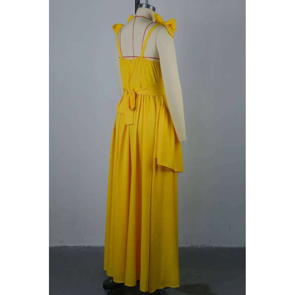 CM.YAYA Women Sleeveless Strap Bow Ruffles Long Maxi Dress 2025 Holiday Beach Birthday Evening Sexy Girl Party Dresses Vestidos