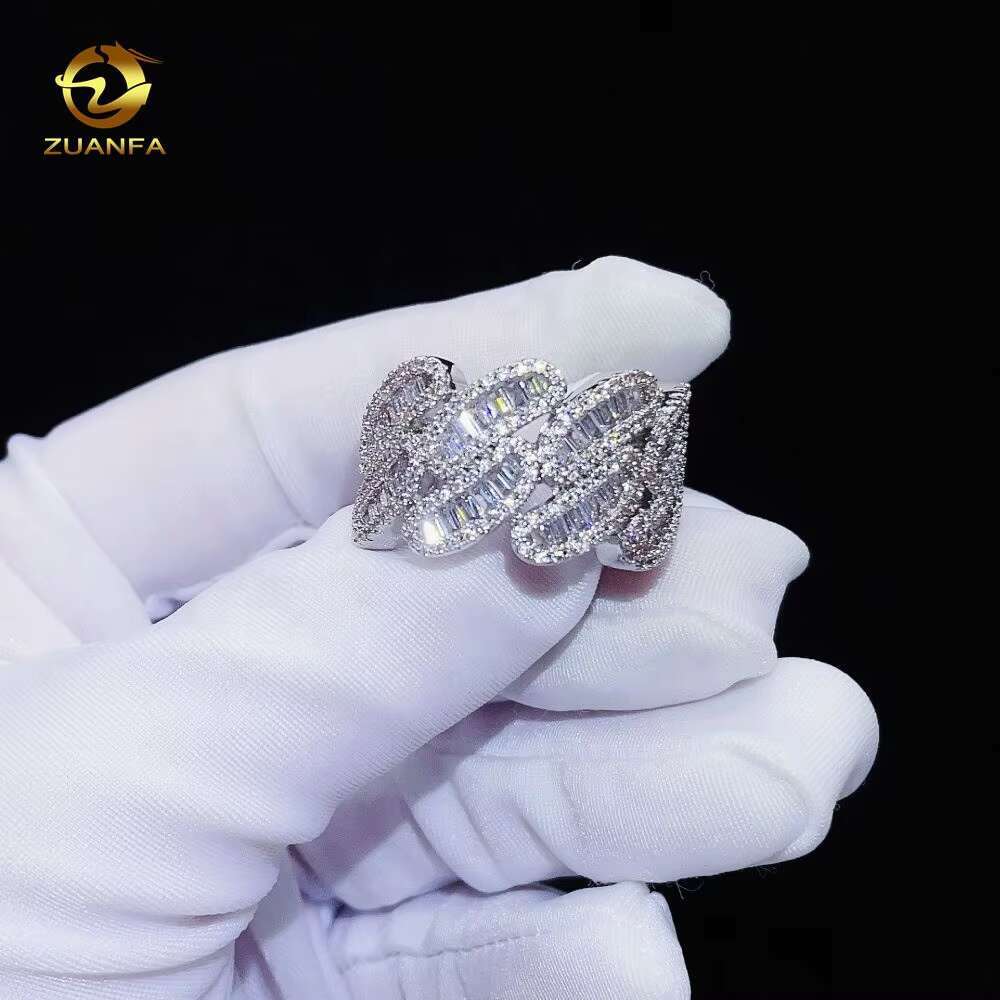 Baguette Cut VVS Moissanite Jewelry Hip Hop 18K Gold Plated Cuban Ring 925 Sterling Silver Iced Out Ring