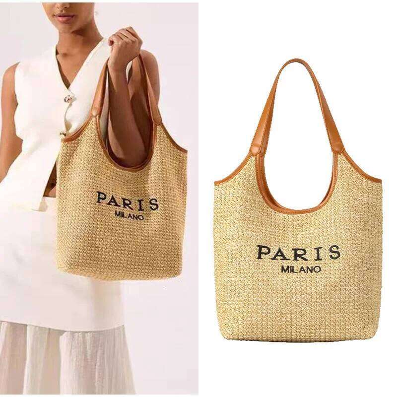 Women's Bags Designer Brand Mother-And-Child Beach High Quality Splicing Letter Printed Shoulder Women Woven Straw Bucket Tote Bag