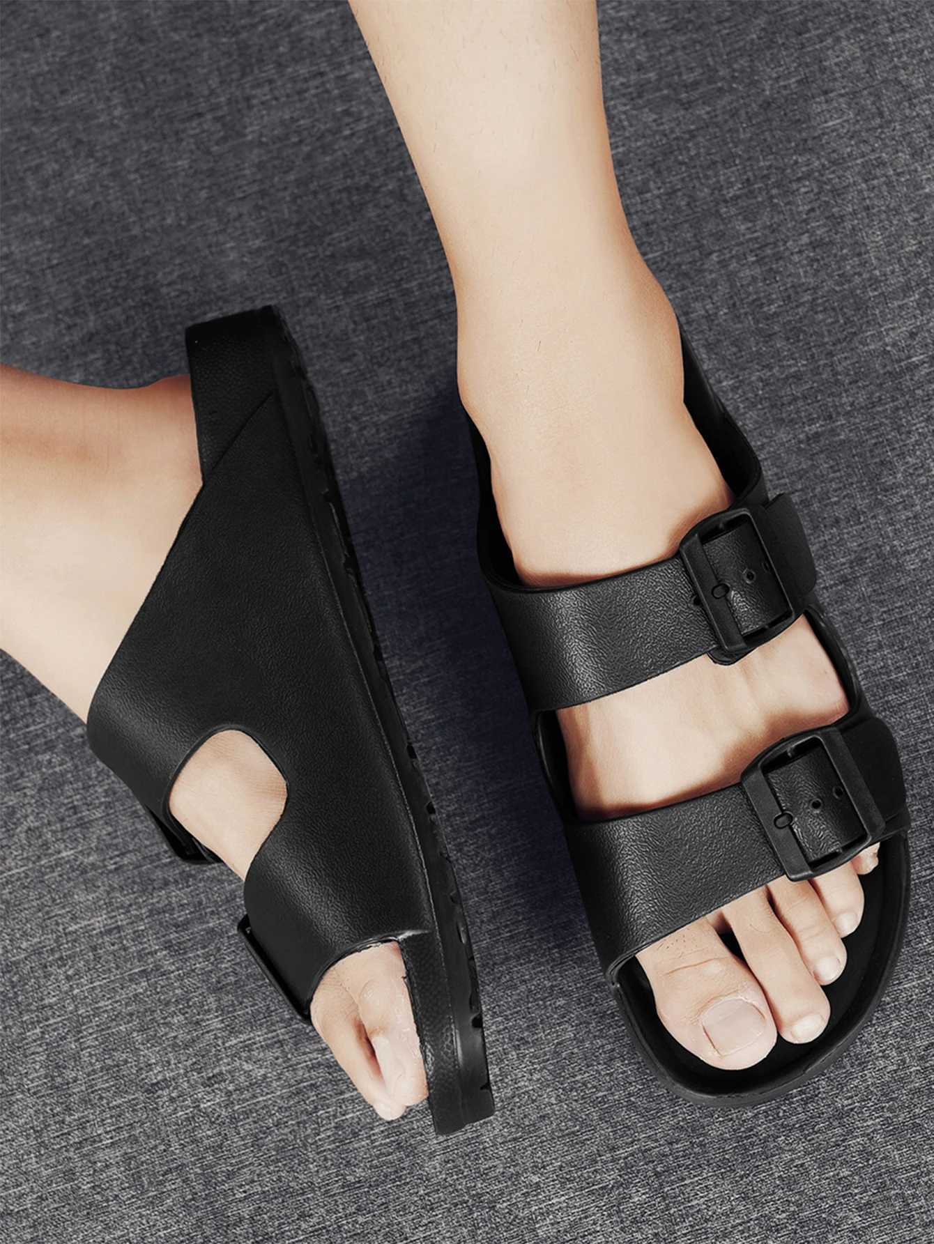 Summer Mens Casual Simple Solid Color Buckle Plastic Slip-On Flat Heel Adjustable SlippersXJ250527